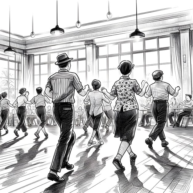 Photo detailed ink sketch style of a lively line dancing class takes place in a sunlit community center w