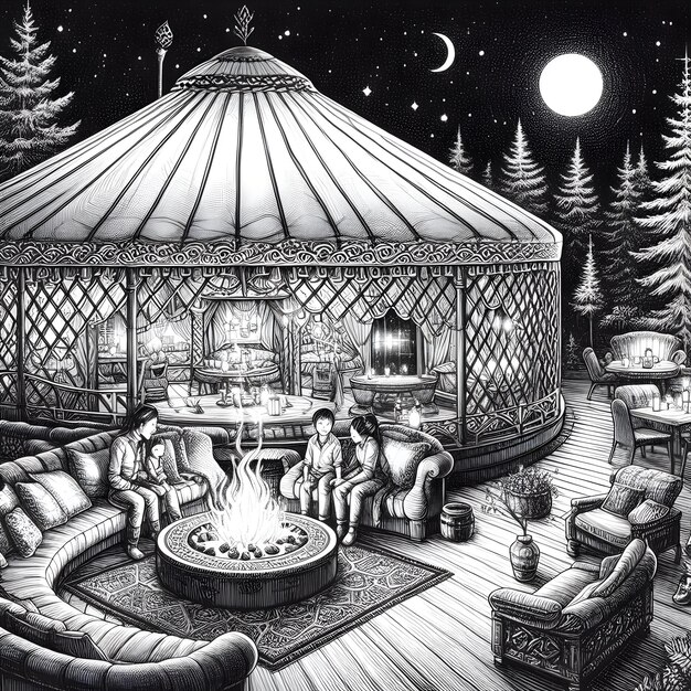 Detailed ink sketch style of a luxurious yurt adorned with elegant decor where families gather arou