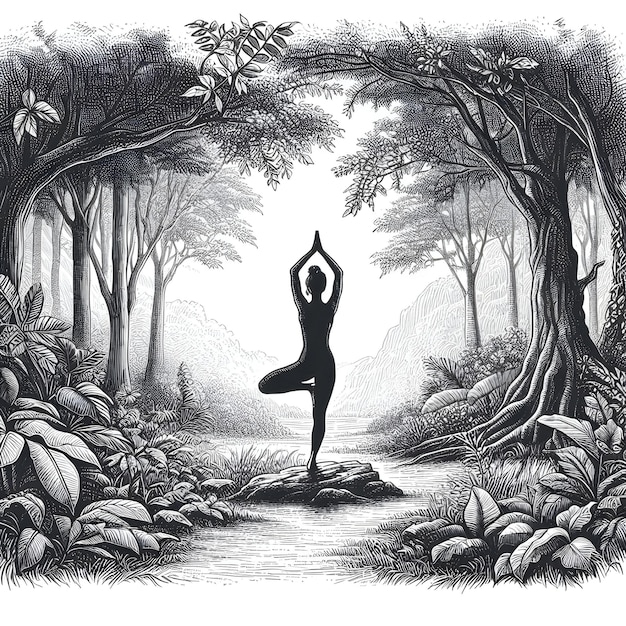 Photo detailed ink sketch style of a tranquil forest clearing showcasing a solo yogi performing a balance