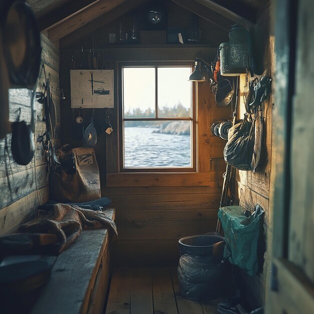 Photo detailed interior of a fishermans rustic cabin