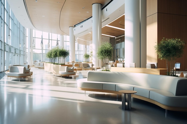 Detailed interior shots of a modern hospital lobby showcasing the sleek design comfortable seating a