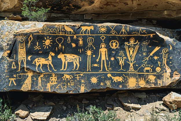 A detailed and intricate petroglyph depicting various symbols animals people and other elements on