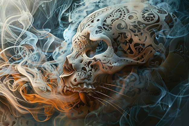 Photo a detailed intricate skull with flowing smoke in a dark moody atmosphere