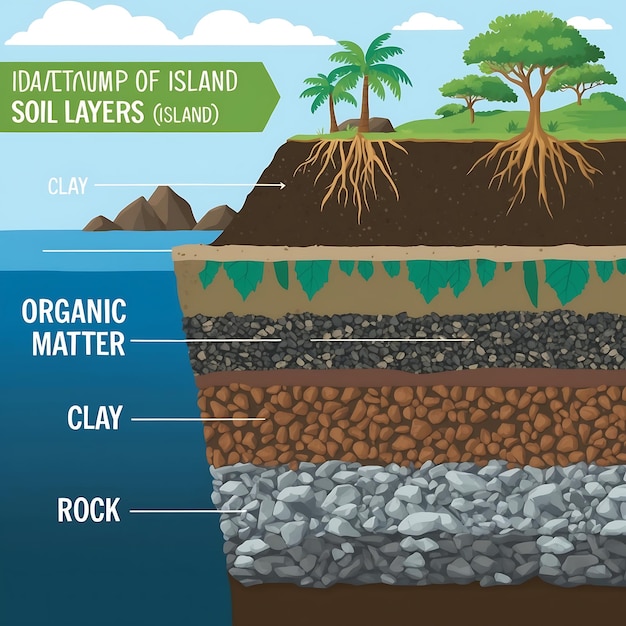 Photo detailed island soil stratification layers with colorful soil horizons