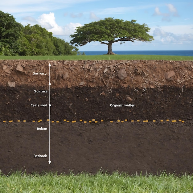 Photo detailed island soil stratification layers with colorful soil horizons