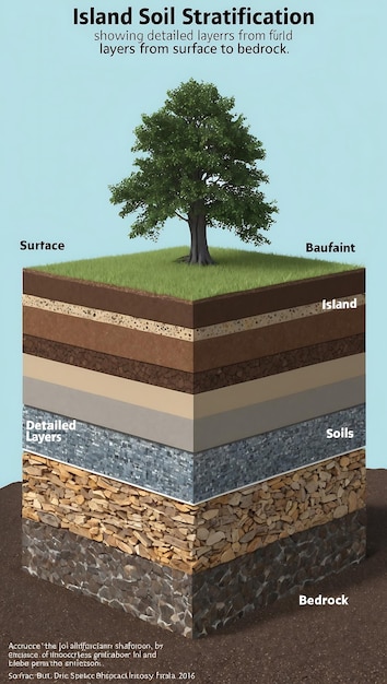 Photo detailed island soil stratification layers with colorful soil horizons