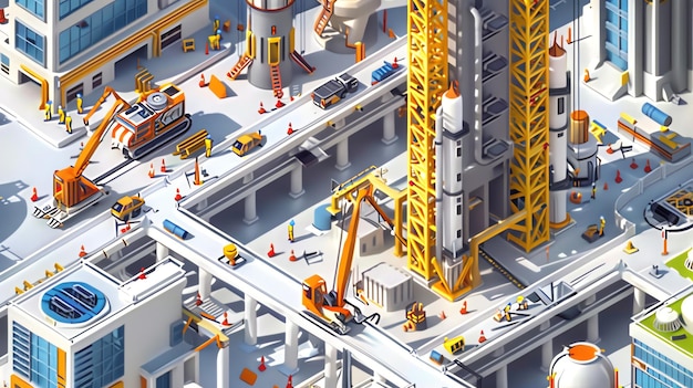 A detailed isometric illustration of a busy spaceport with rockets buildings and construction vehicles