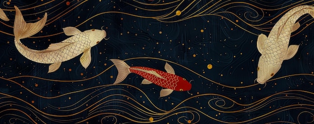 Detailed Japanese Koi Fish Illustrations with Gold and Dark Blue Background Elements