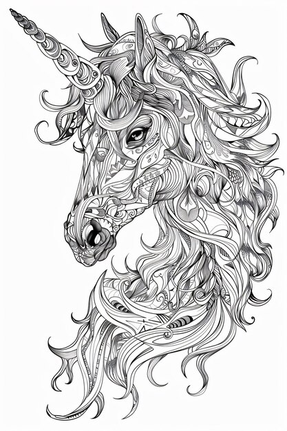 Photo detailed line art of a unicorns head with intricate swirls