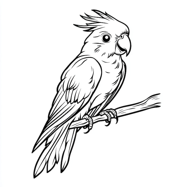 Photo detailed line drawing of a cockatoo perched on a branch against a plain background