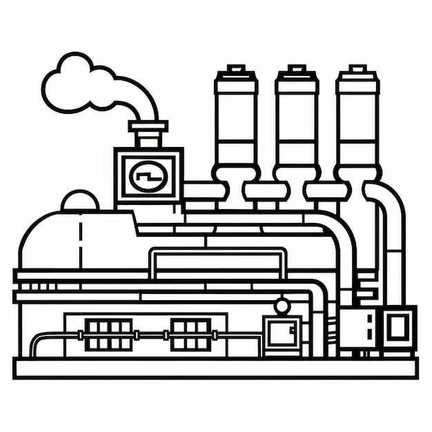 Photo detailed line drawing of an industrial factory showcasing machinery chimneys and a smoke stack