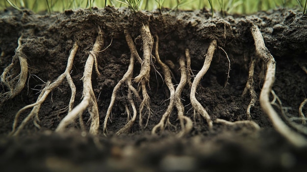 Photo a detailed macro shot of grass roots underground showing the intricate network of roots and soil layers