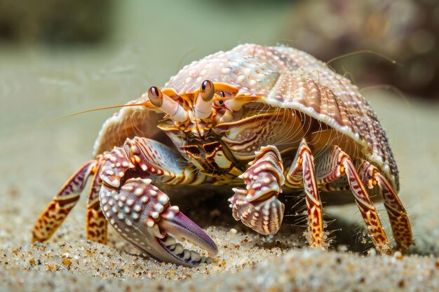 Detailed macro shot of a hermit crab showcasing intricate shell details as it scuttles across the sa