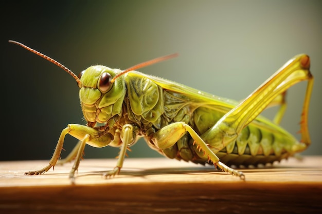 Detailed macro shot of locust or grasshopper on blurred green background insects body is vibrant