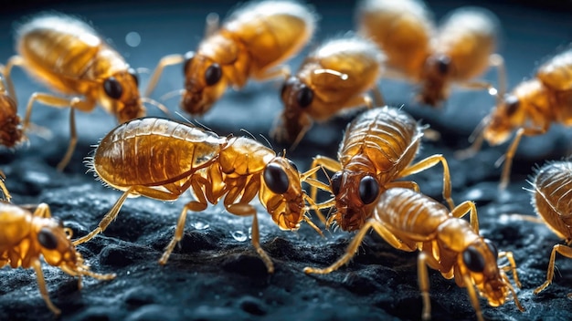 A detailed macro shot of termites interacting on a dark surface