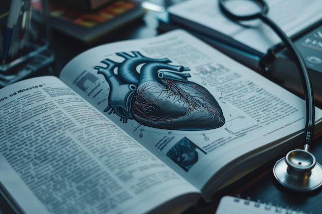 Photo detailed medical textbook illustration of the heart with notes and stethoscope for study and research