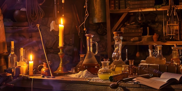 Photo a detailed medieval alchemist39s lab filled with ancient equipment and mystical ingredients