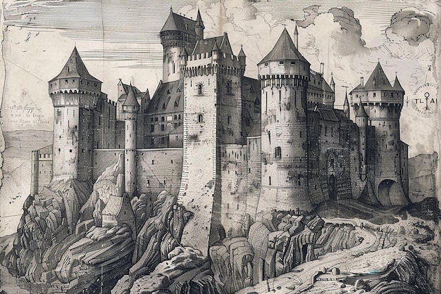 Detailed medieval castle engraving evokes historical atmosphere with intricate lines