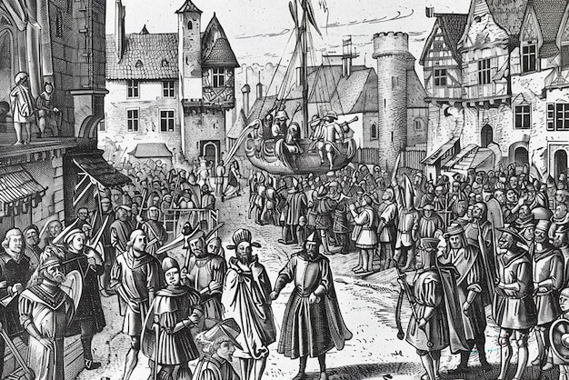 Detailed medieval festival engraving captures lively historical celebration