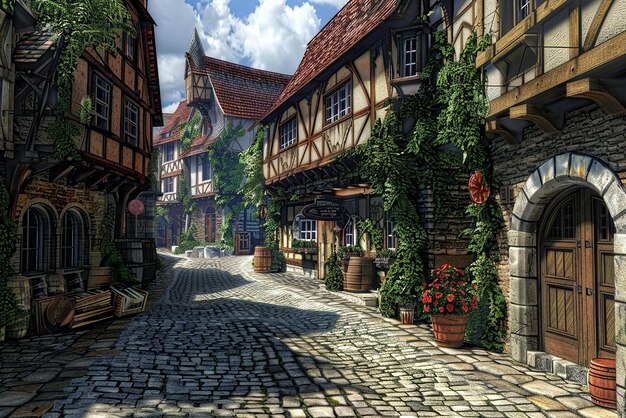 Detailed medieval village with vibrant 3D historical buildings