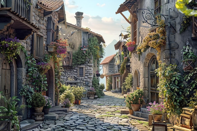 Detailed medieval village with vibrant 3D historical buildings