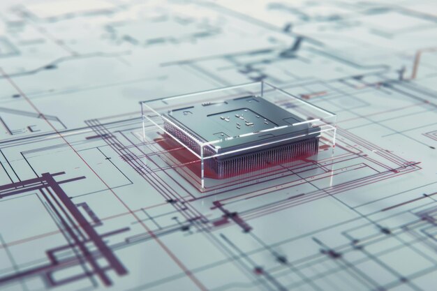 Photo a detailed microprocessor nestled in a transparent casing on a technical blueprint highlighting the intricate design and sophistication of modern computing technology