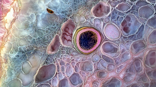 A detailed microscopic photograph of a human retina showcasing the layered structure of the retinal