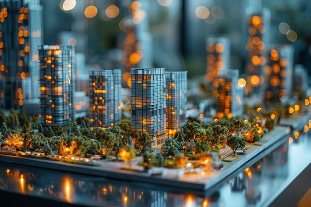 Detailed miniature city model with illuminated buildings and greenery under soft lighting