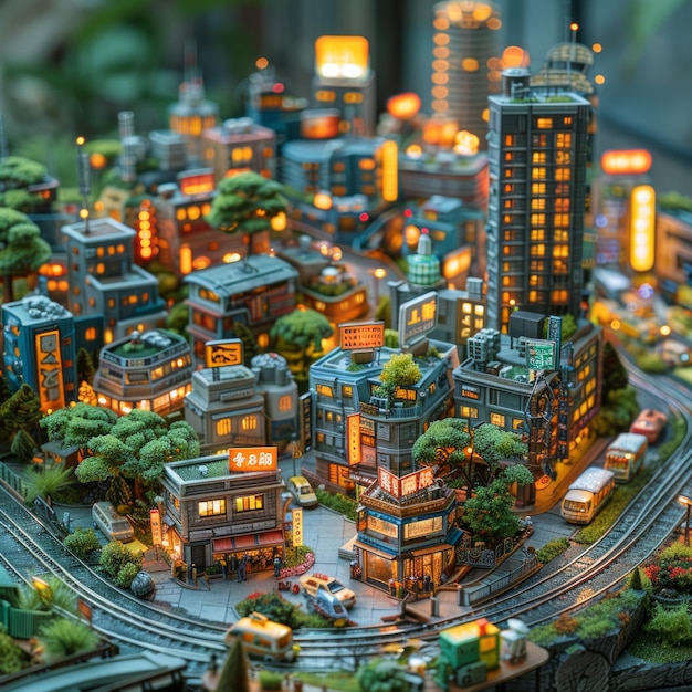 Detailed miniature cityscape with lit buildings trees and a train track