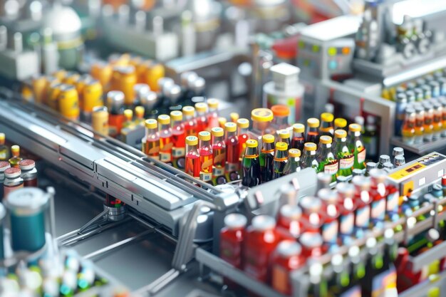 Photo a detailed miniature model of a beverage production line showcasing the organized rows of topaz bottles illustrating the scale and organization of a beverage bottling plant