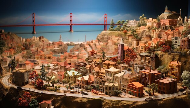 A detailed miniature model of San Francisco using multiple materials Include the city's hilly lands