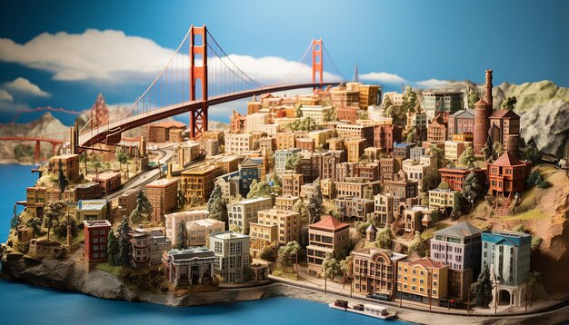 A detailed miniature model of San Francisco using multiple materials Include the city's hilly lands