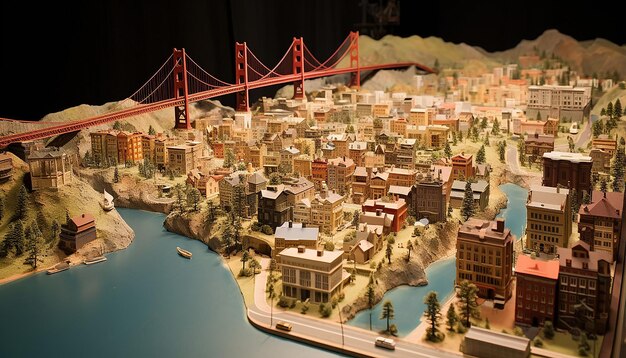 A detailed miniature model of San Francisco using multiple materials Include the city's hilly lands