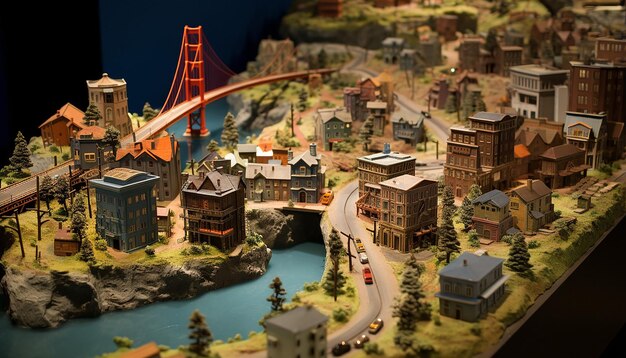 A detailed miniature model of San Francisco using multiple materials Include the city's hilly lands