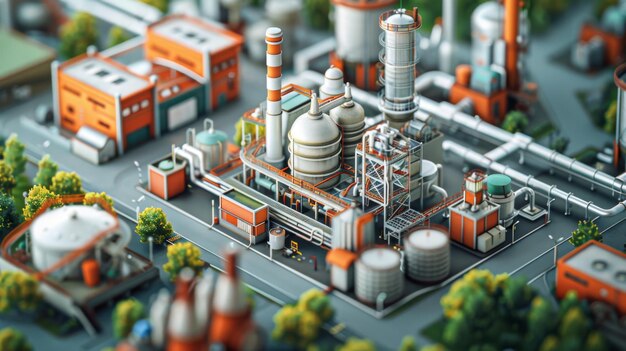 Photo detailed model of a chemical plant with storage tanks pipes and buildings surrounded by greenery for educational purposes