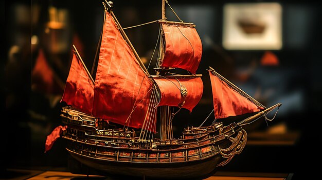 Photo a detailed model of a ship with red sails and a wooden hull it is displayed on a wooden platform in a dimly lit room