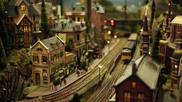 Detailed model train set with miniature buildings and a train on tracks