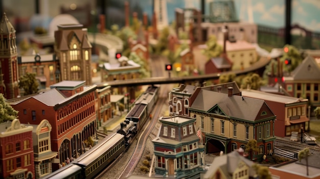 Detailed model train set with miniature buildings and a train