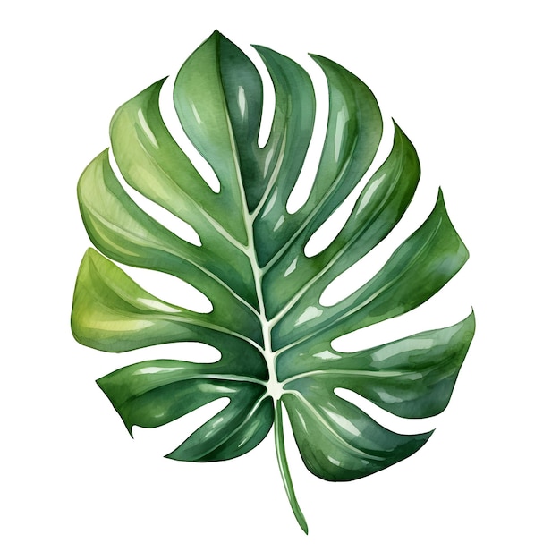 Detailed Monstera Leaf Watercolor On White Background