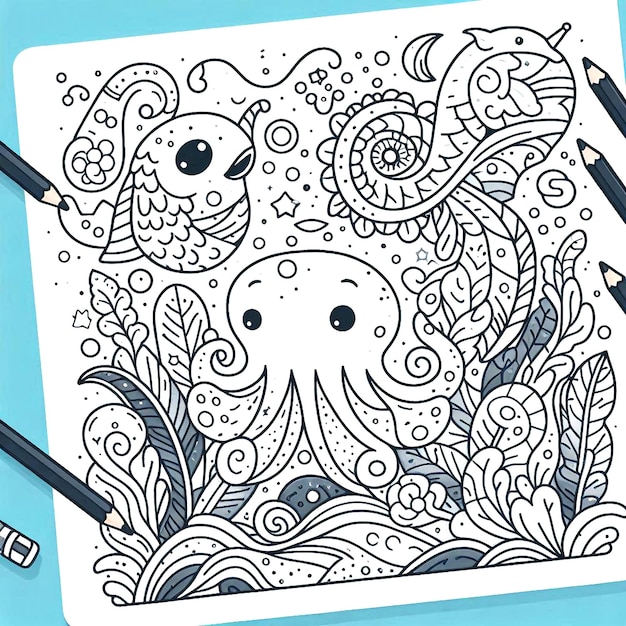 Photo detailed nature scenes in a child coloring book for hours of coloring fun