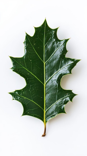 A detailed oak leaf with sharp edges displaying vibrant green hues against a white background in natural lighting