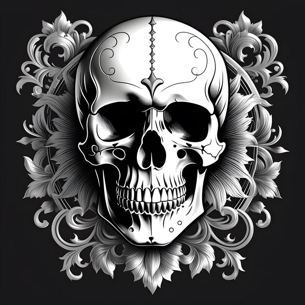 Detailed Ornate Skull Graphic with Black Background Illustration with Floral Border