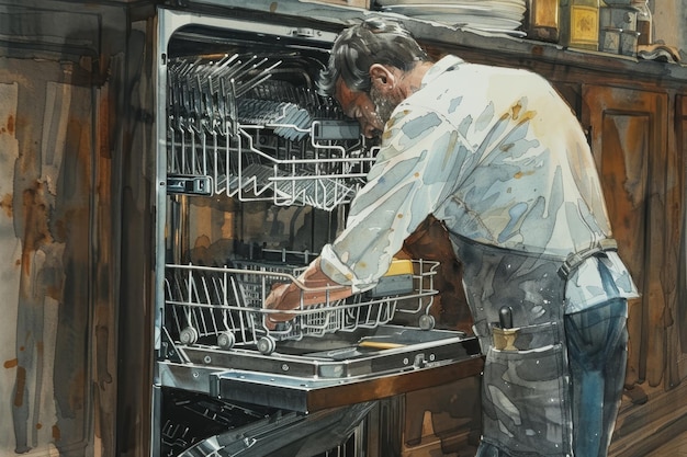 Photo detailed painting of a man replacing a broken fcbacadccbbad in a dishwasher a detailed drawing of a handyman replacing a broken part in a dishwasher