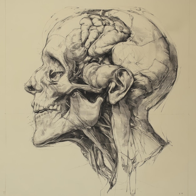 Photo detailed pen and ink drawing of a human skull and neck anatomy