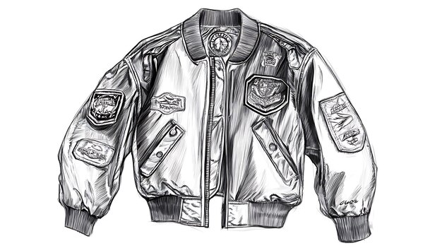 Photo detailed pencil drawing of a bomber jacket with patches