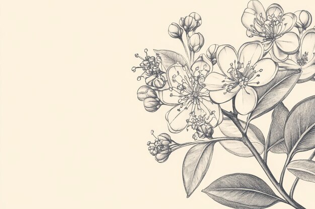 Photo detailed pencil drawing of a branch with blooming flowers and leaves