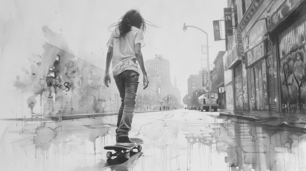 Photo detailed pencil drawing of a teenager with a skateboard in an urban setting reflecting a casual