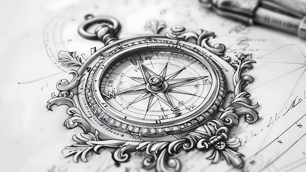 Photo a detailed pencil drawing of a vintage compass with ornate details