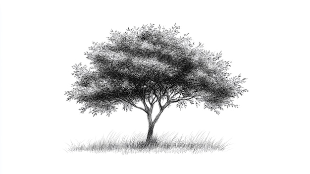 A detailed pencil illustration of a solitary tree amidst grass on a calm day