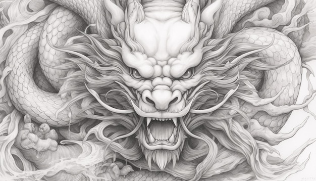 Photo a detailed pencil sketch of a chinese dragon wrapped around an ancient scroll